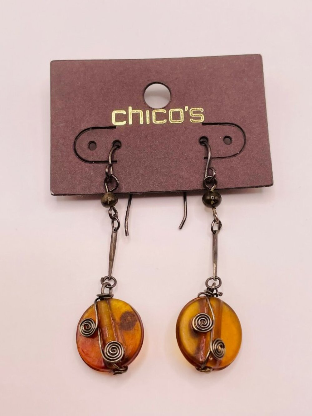 New Chico's Orange & Yellow Resin Wire-Wrapped Dangle Earrings -85B